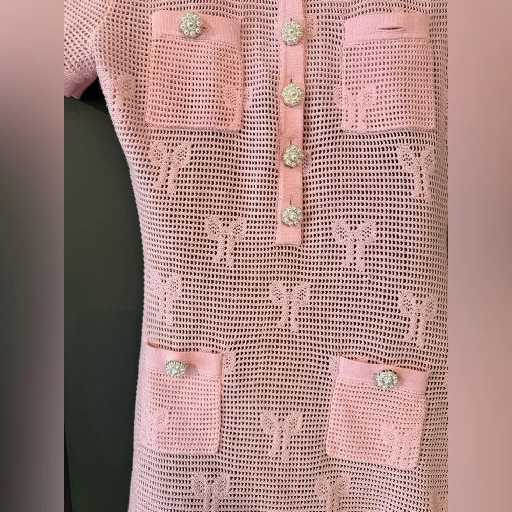 Self-Portrait Pink Short-Sleeve Knit Pocket Dress with Pearl Buttons - Picture 4 of 9